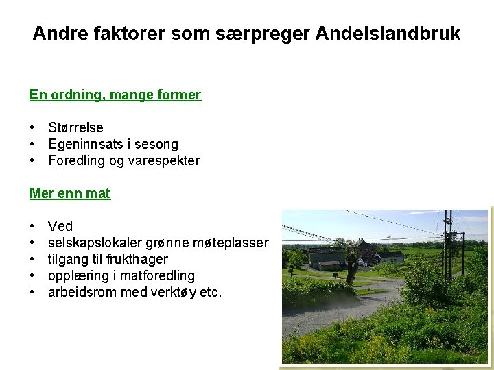 Andre faktorer som særpreger Andelslandbruk En ordning, mange former • Størrelse • Egeninnsats i