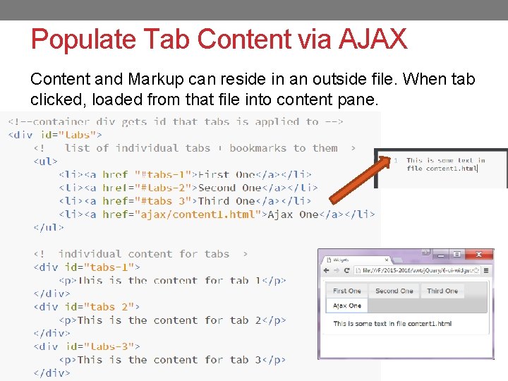 Populate Tab Content via AJAX Content and Markup can reside in an outside file.