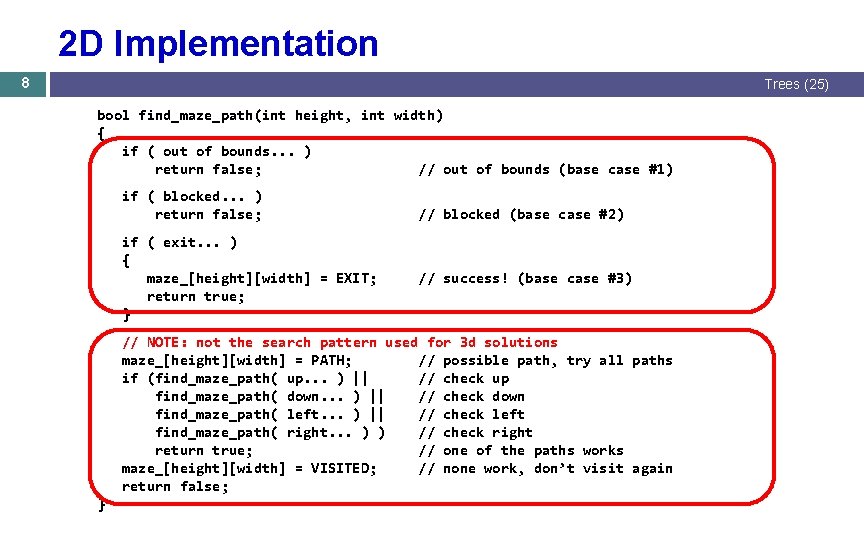 2 D Implementation 8 Trees (25) bool find_maze_path(int height, int width) { if ( 2 D Implementation 8 Trees (25) bool find_maze_path(int height, int width) { if (