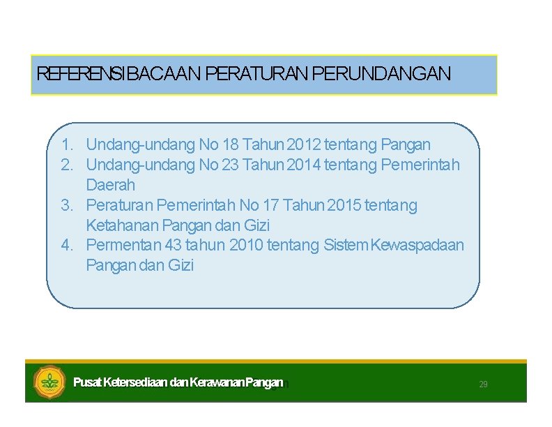 REFERENSIBACAAN PERATURAN PERUNDANGAN 1. Undang-undang No 18 Tahun 2012 tentang Pangan 2. Undang-undang No