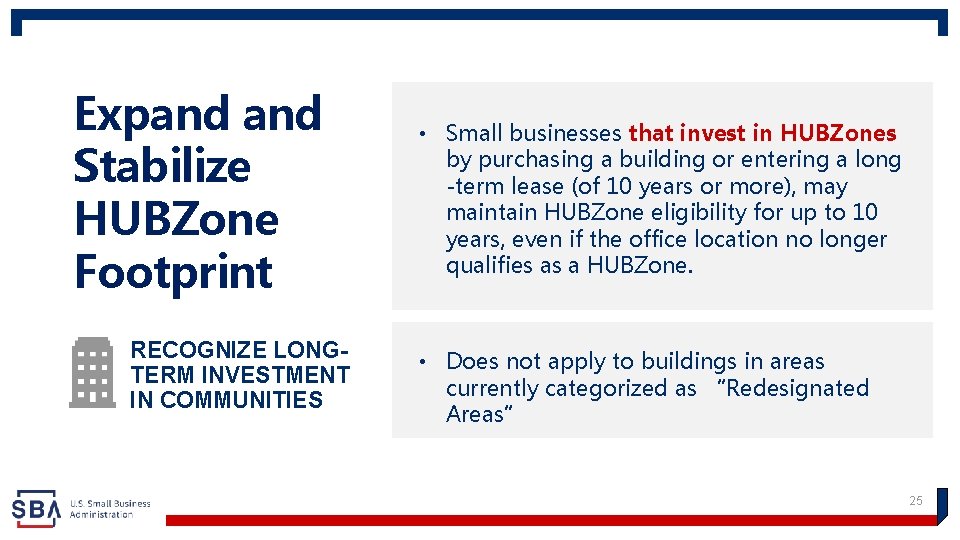 Expand Stabilize HUBZone Footprint , Part 4 RECOGNIZE LONGTERM INVESTMENT IN COMMUNITIES • Small