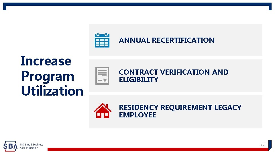 ANNUAL RECERTIFICATION Increase Program Utilization CONTRACT VERIFICATION AND ELIGIBILITY RESIDENCY REQUIREMENT LEGACY EMPLOYEE 26