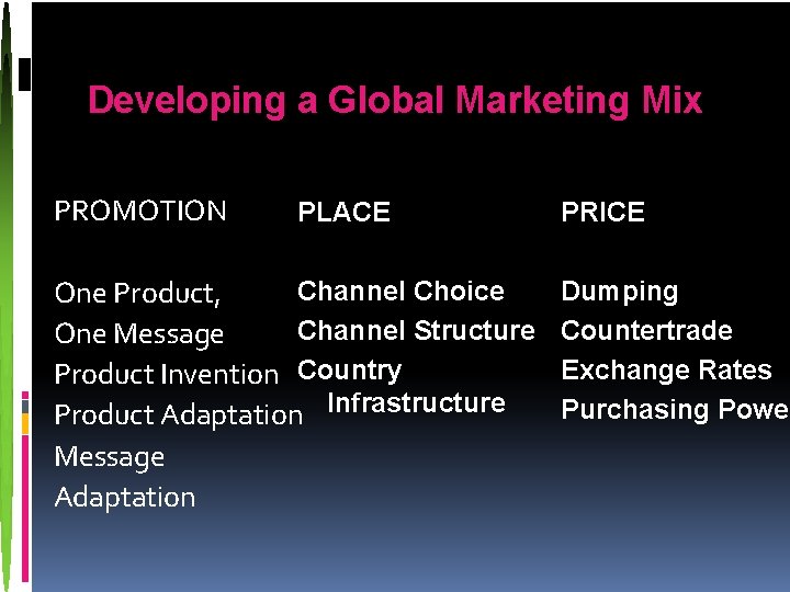 Developing a Global Marketing Mix PROMOTION PLACE Channel Choice One Product, Channel Structure One