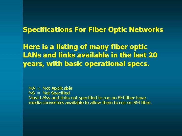 Specifications For Fiber Optic Networks Here is a listing of many fiber optic LANs