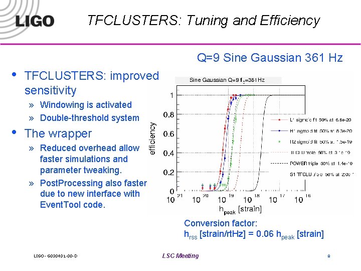 TFCLUSTERS: Tuning and Efficiency Q=9 Sine Gaussian 361 Hz • • TFCLUSTERS: improved sensitivity