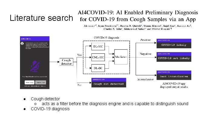 Literature search ● ● Cough detector ○ acts as a filter before the diagnosis Literature search ● ● Cough detector ○ acts as a filter before the diagnosis