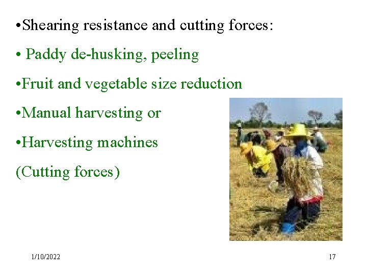  • Shearing resistance and cutting forces: • Paddy de-husking, peeling • Fruit and