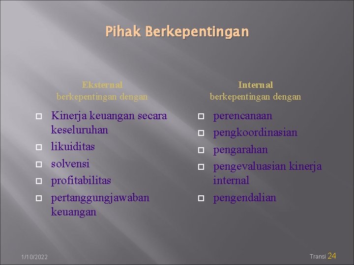 Pihak Berkepentingan Eksternal berkepentingan dengan 1/10/2022 Kinerja keuangan secara keseluruhan likuiditas solvensi profitabilitas pertanggungjawaban