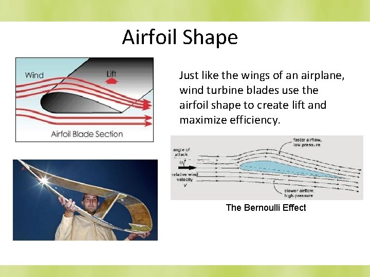 Airfoil Shape Just like the wings of an airplane, wind turbine blades use the