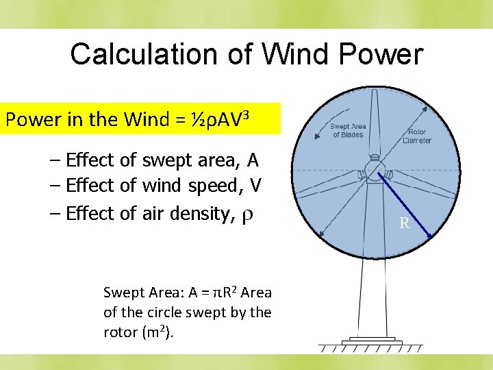 Calculation of Wind Power • Power the=wind Power in thein. Wind ½ρAV 3 –