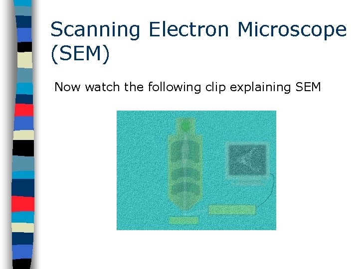Scanning Electron Microscope (SEM) Now watch the following clip explaining SEM 
