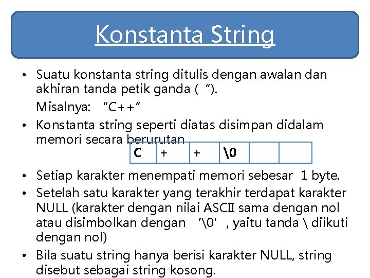 Konstanta String • Suatu konstanta string ditulis dengan awalan dan akhiran tanda petik ganda Konstanta String • Suatu konstanta string ditulis dengan awalan dan akhiran tanda petik ganda