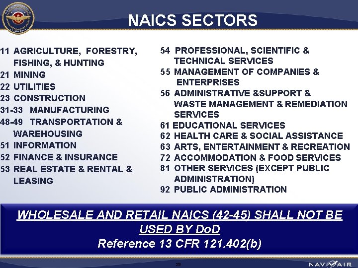 NAICS SECTORS 11 AGRICULTURE, FORESTRY, FISHING, & HUNTING 21 MINING 22 UTILITIES 23 CONSTRUCTION
