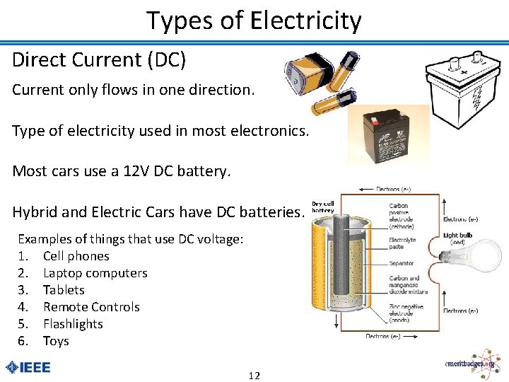 Types of Electricity Direct Current (DC) Current only flows in one direction. Type of