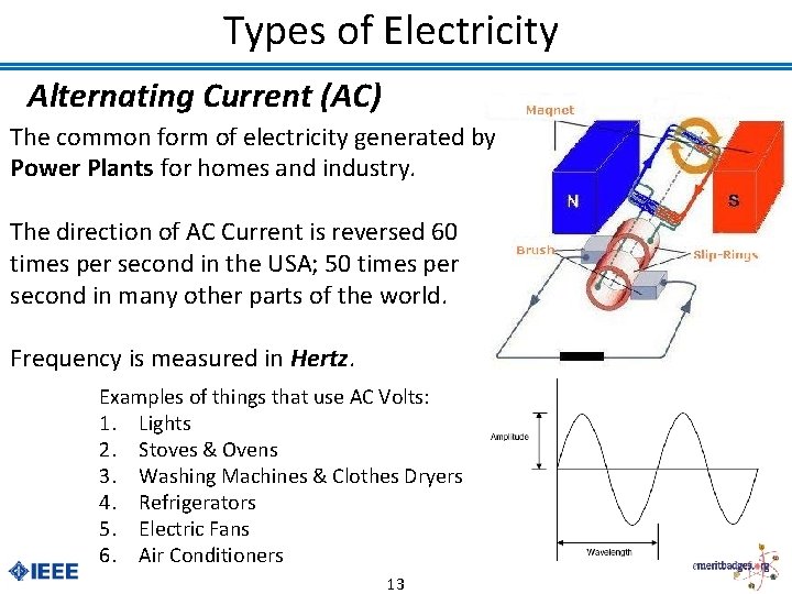 Types of Electricity Alternating Current (AC) The common form of electricity generated by Power