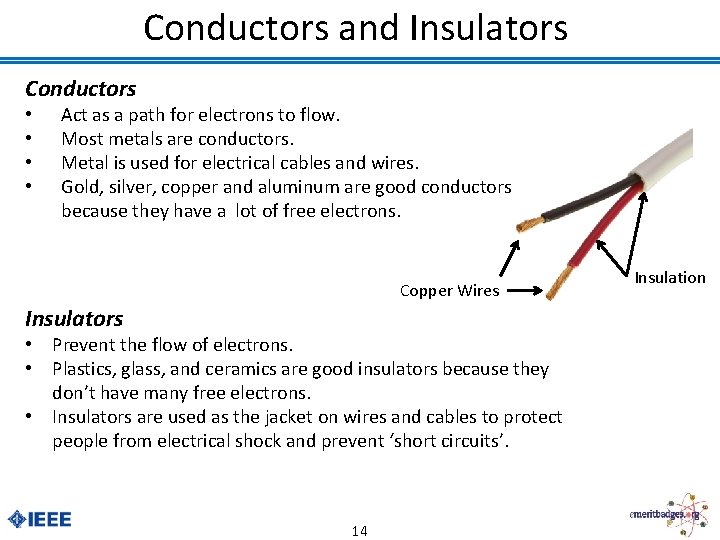 Conductors and Insulators Conductors • • Act as a path for electrons to flow.