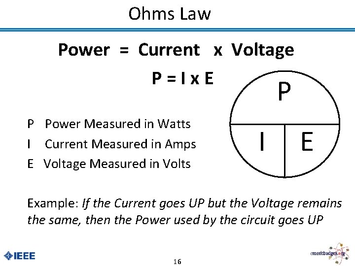 Ohms Law Power = Current x Voltage P=Ix. E P P Power Measured in