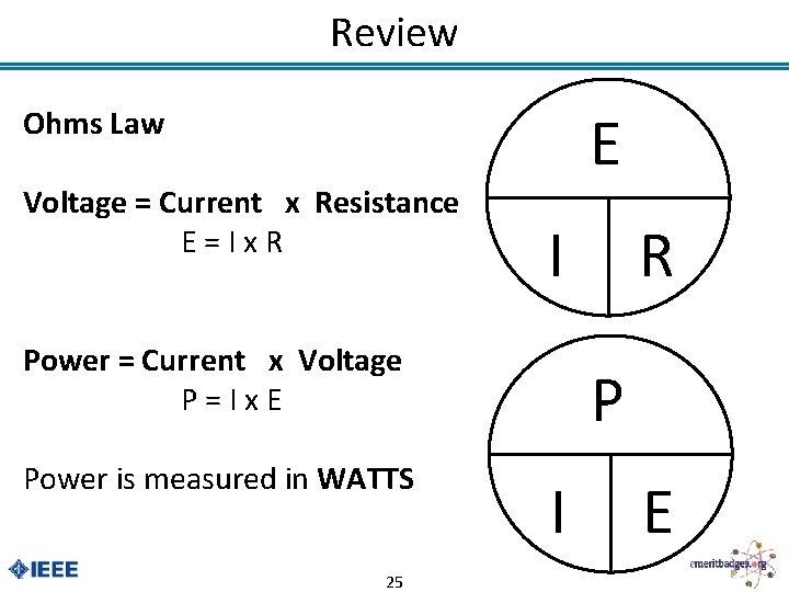 Review E Ohms Law Voltage = Current x Resistance E=Ix. R I Power =