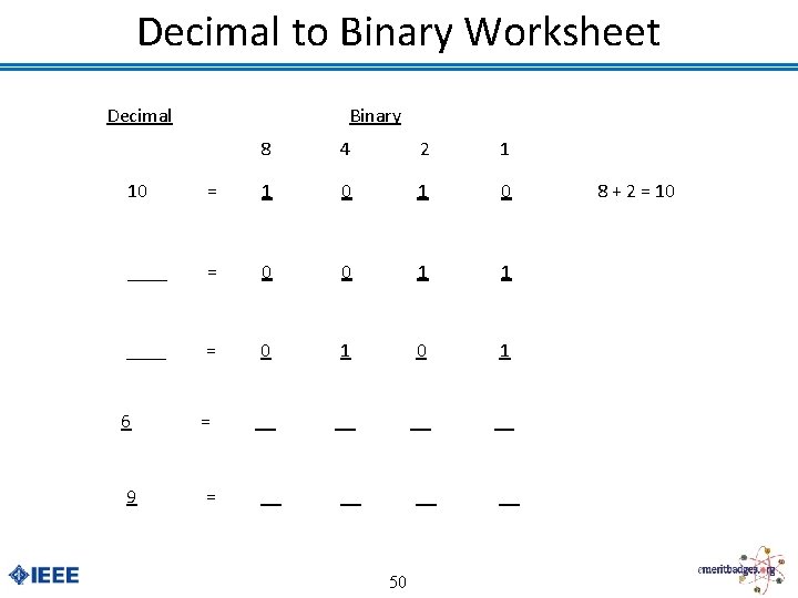 Decimal to Binary Worksheet Decimal Binary 8 4 2 1 10 = 1 0