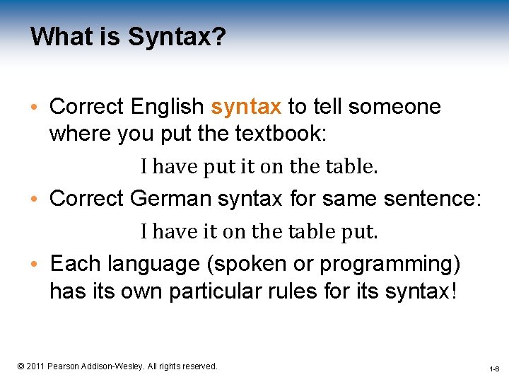 What is Syntax? • Correct English syntax to tell someone where you put the