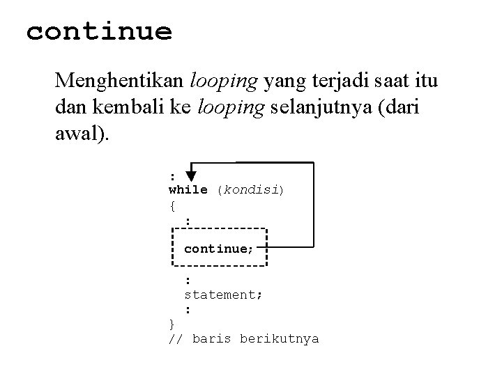 continue Menghentikan looping yang terjadi saat itu dan kembali ke looping selanjutnya (dari awal).