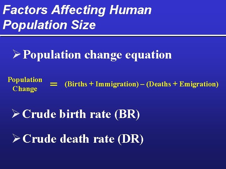 Factors Affecting Human Population Size Ø Population change equation Population Change = (Births +