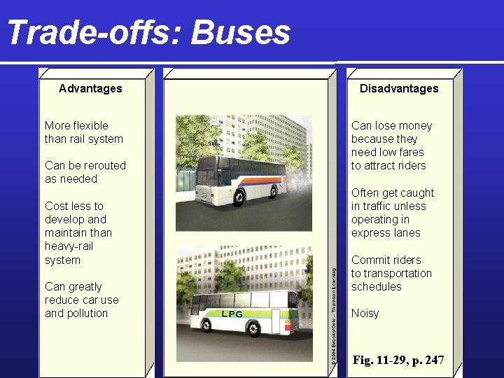 Trade-offs: Buses Advantages More flexible than rail system Can be rerouted as needed Cost