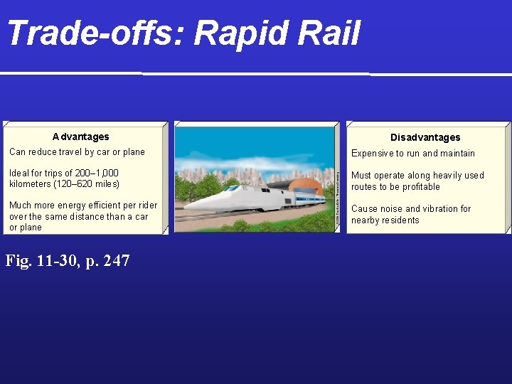 Trade-offs: Rapid Rail Advantages Disadvantages Can reduce travel by car or plane Expensive to