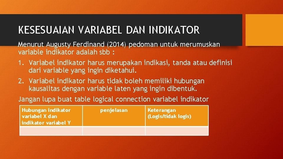 KESESUAIAN VARIABEL DAN INDIKATOR Menurut Augusty Ferdinand (2014) pedoman untuk merumuskan variable indikator adalah