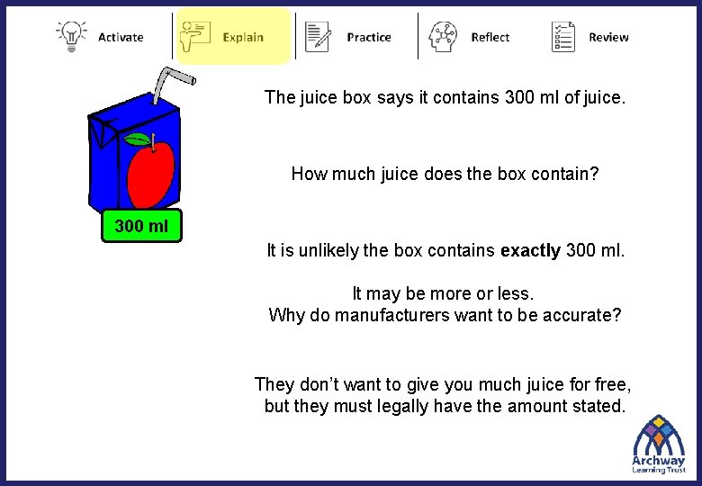 The juice box says it contains 300 ml of juice. How much juice does