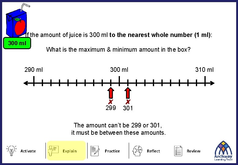 If the amount of juice is 300 ml to the nearest whole number (1