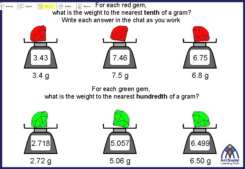 For each red gem, what is the weight to the nearest tenth of a