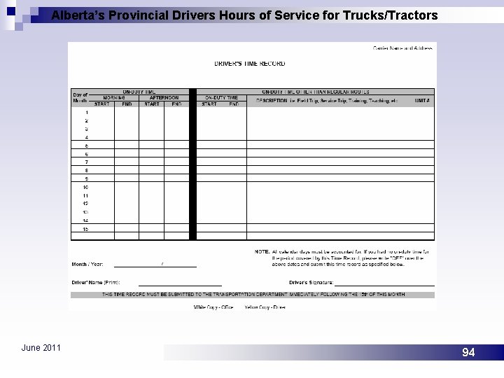 Alberta’s Provincial Drivers Hours of Service for Trucks/Tractors June 2011 94 