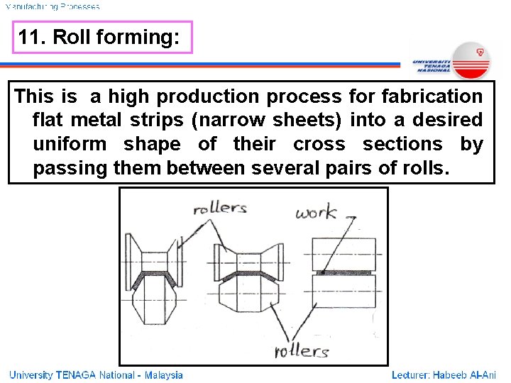 11. Roll forming: This is a high production process for fabrication flat metal strips