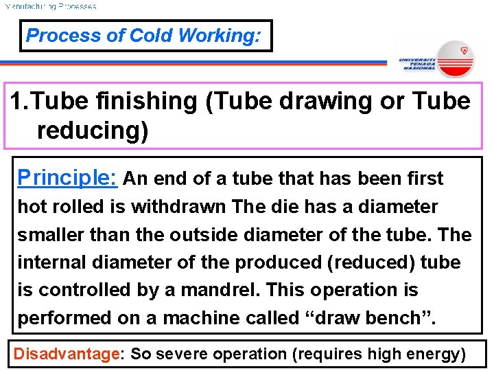 Process of Cold Working: 1. Tube finishing (Tube drawing or Tube reducing) Principle: An