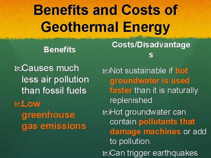 Benefits and Costs of Geothermal Energy Benefits Causes much less air pollution than fossil
