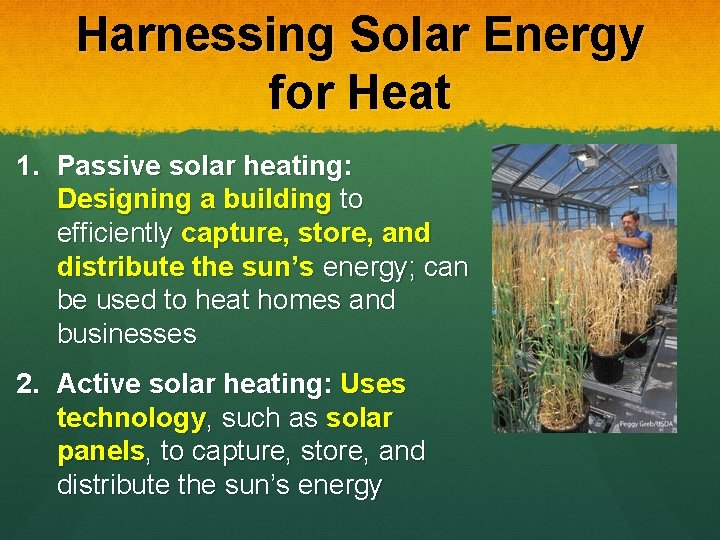 Harnessing Solar Energy for Heat 1. Passive solar heating: Designing a building to efficiently
