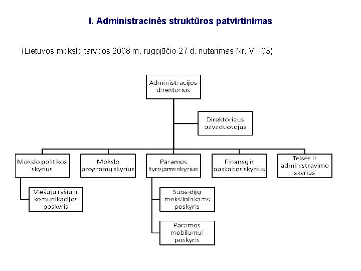 I. Administracinės struktūros patvirtinimas (Lietuvos mokslo tarybos 2008 m. rugpjūčio 27 d. nutarimas Nr.