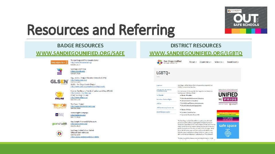 Resources and Referring BADGE RESOURCES WWW. SANDIEGOUNIFIED. ORG/SAFE DISTRICT RESOURCES WWW. SANDIEGOUNIFIED. ORG/LGBTQ 