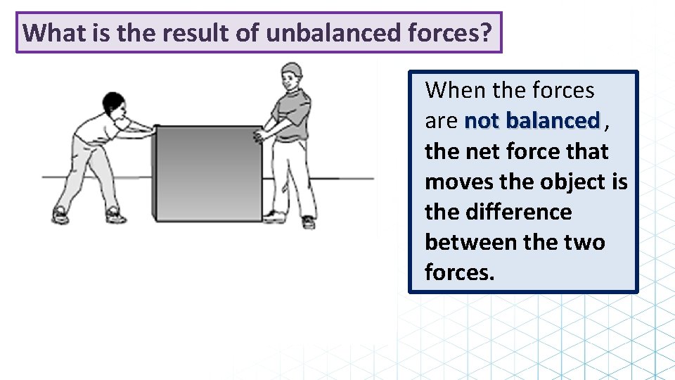 What is the result of unbalanced forces? + Net Force = When the forces