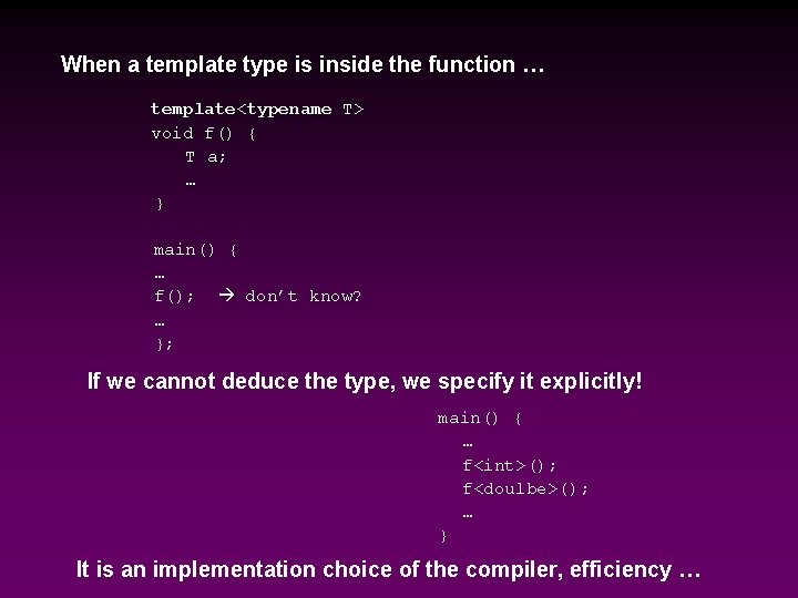 When a template type is inside the function … template<typename T> void f() {