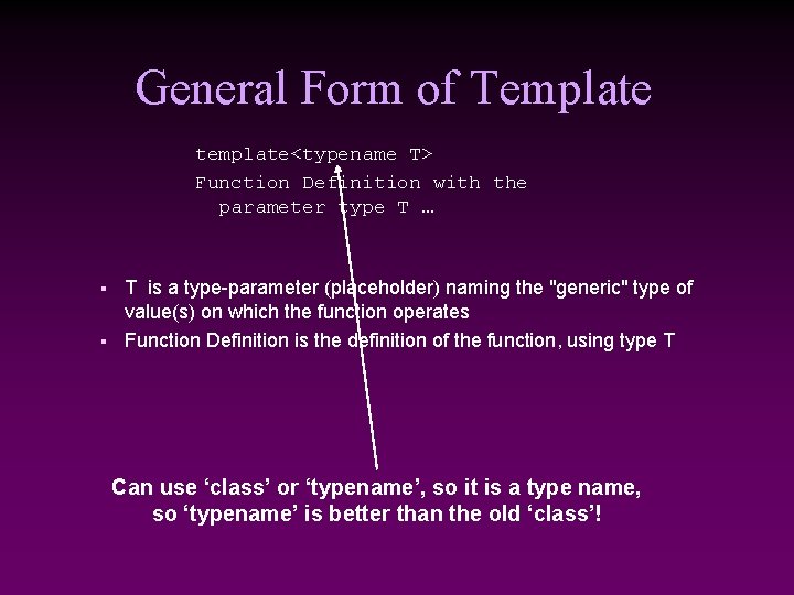 General Form of Template template<typename T> Function Definition with the parameter type T …