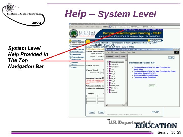 Help – System Level Help Provided In The Top Navigation Bar Session 20 -29 Help – System Level Help Provided In The Top Navigation Bar Session 20 -29