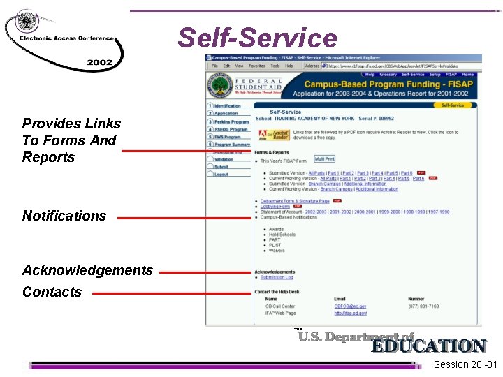 Self-Service Provides Links To Forms And Reports Notifications Acknowledgements Contacts Session 20 -31  Self-Service Provides Links To Forms And Reports Notifications Acknowledgements Contacts Session 20 -31