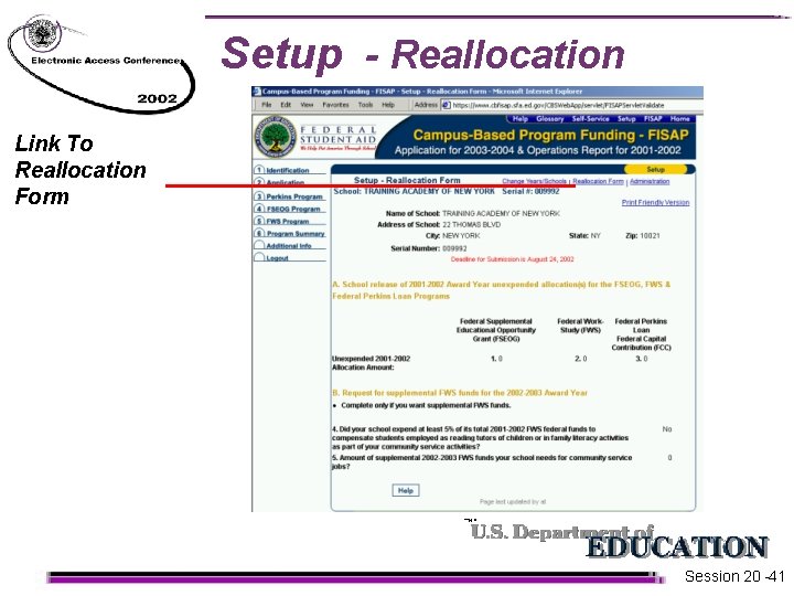 Setup - Reallocation Link To Reallocation Form Session 20 -41  Setup - Reallocation Link To Reallocation Form Session 20 -41