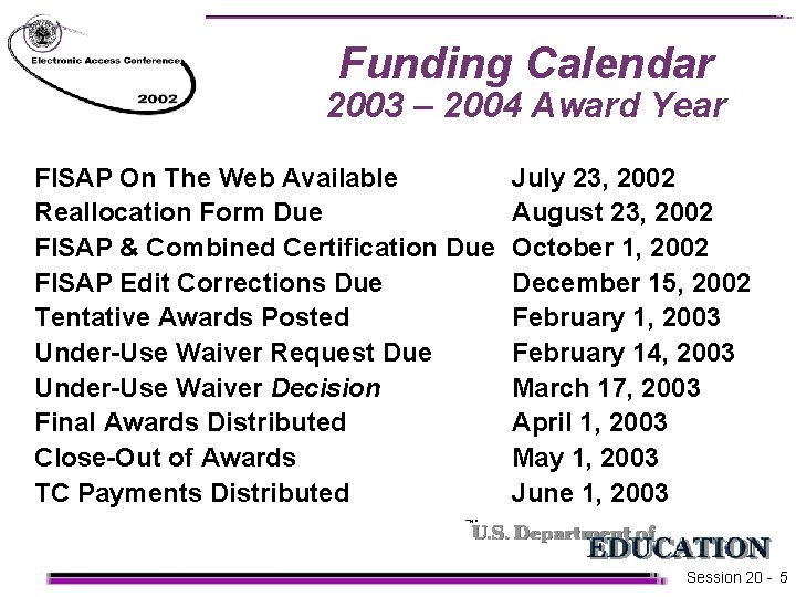 Funding Calendar 2003 – 2004 Award Year FISAP On The Web Available Reallocation Form Funding Calendar 2003 – 2004 Award Year FISAP On The Web Available Reallocation Form
