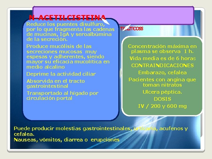 N ACETILCISTEINA Reduce los puentes disulfuro, AZUFRADOS DERIVADOS TIOLITCOSS por MUCOLITICOS lo que fragmenta