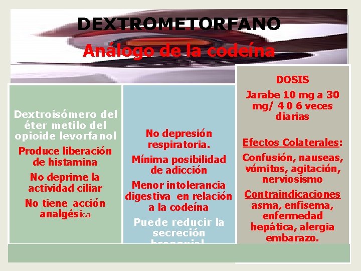 DEXTROMETORFANO Análogo de la codeína DOSIS Dextroisómero del éter metilo del opioide levorfanol Produce