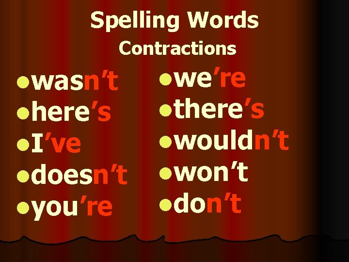 Spelling Words Contractions lwasn’t lhere’s l. I’ve ldoesn’t lyou’re lwe’re lthere’s lwouldn’t lwon’t ldon’t
