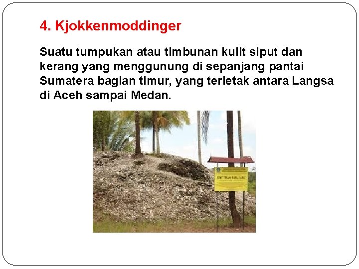 4. Kjokkenmoddinger Suatu tumpukan atau timbunan kulit siput dan kerang yang menggunung di sepanjang